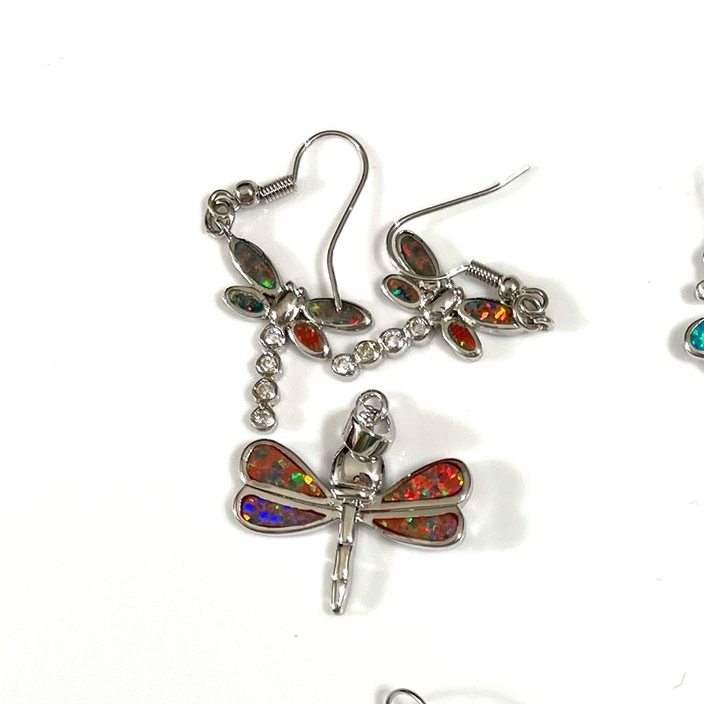 Fire Opal Dragonfly Pendant and Earrings